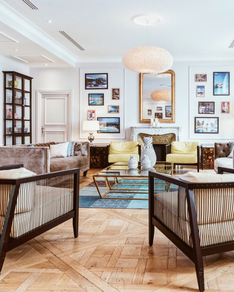a living room with a fireplace