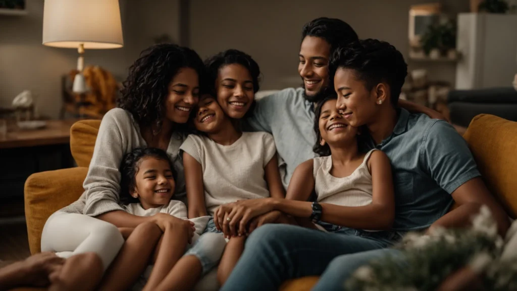 a satisfied family sits together on a couch, looking relieved and happy.