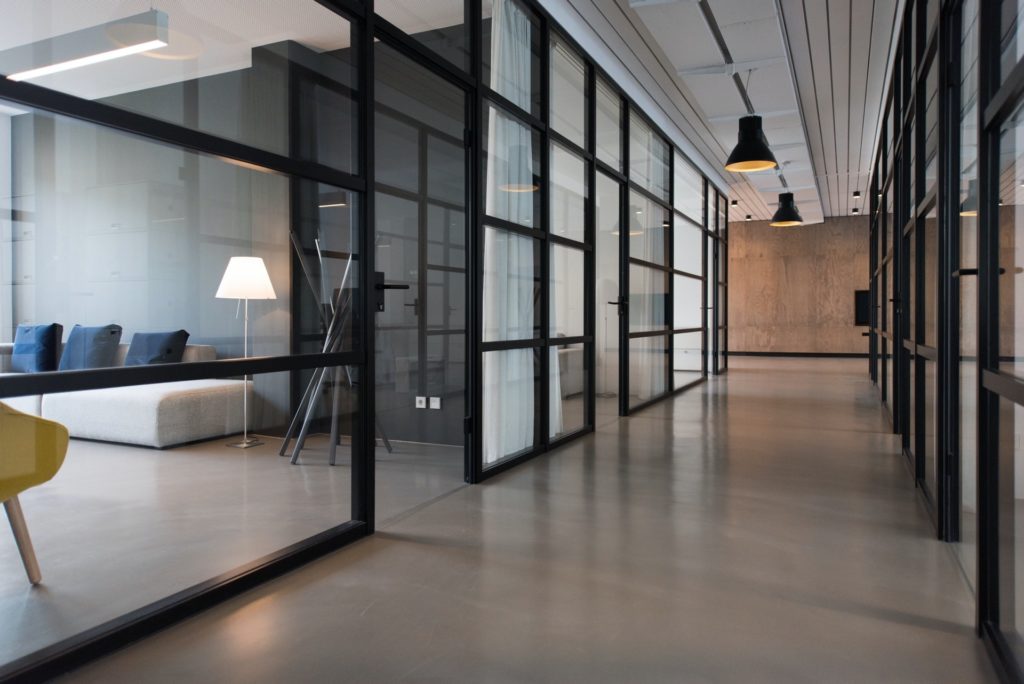 a room with a large glass wall