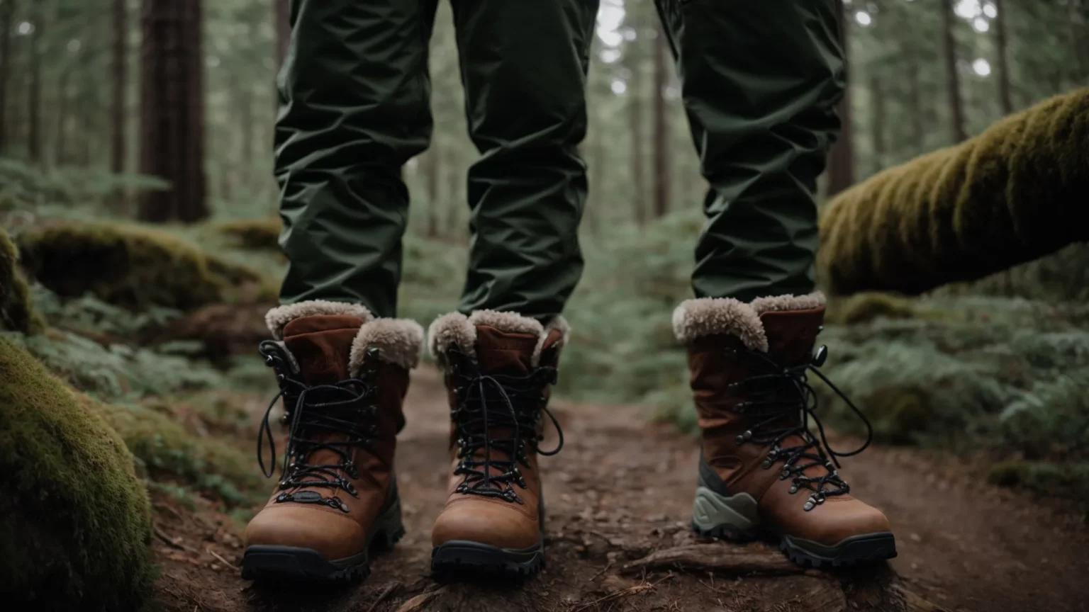 pairs of fleece pants flanking hiking boots, at the forest's edge, ready for an adventurous day.
