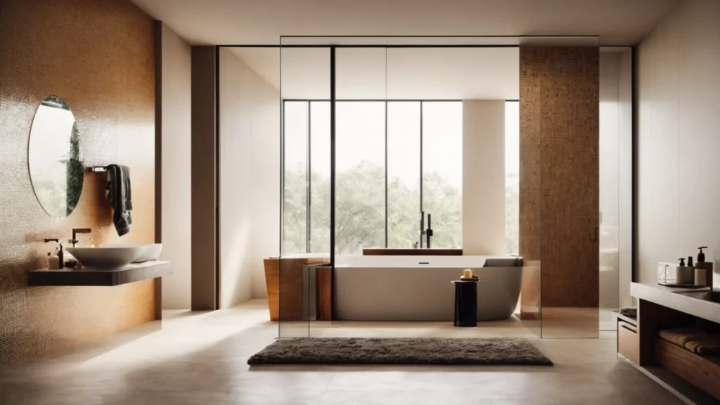 a modern bathroom featuring a large freestanding bathtub with a spacious walk-in shower in the background.