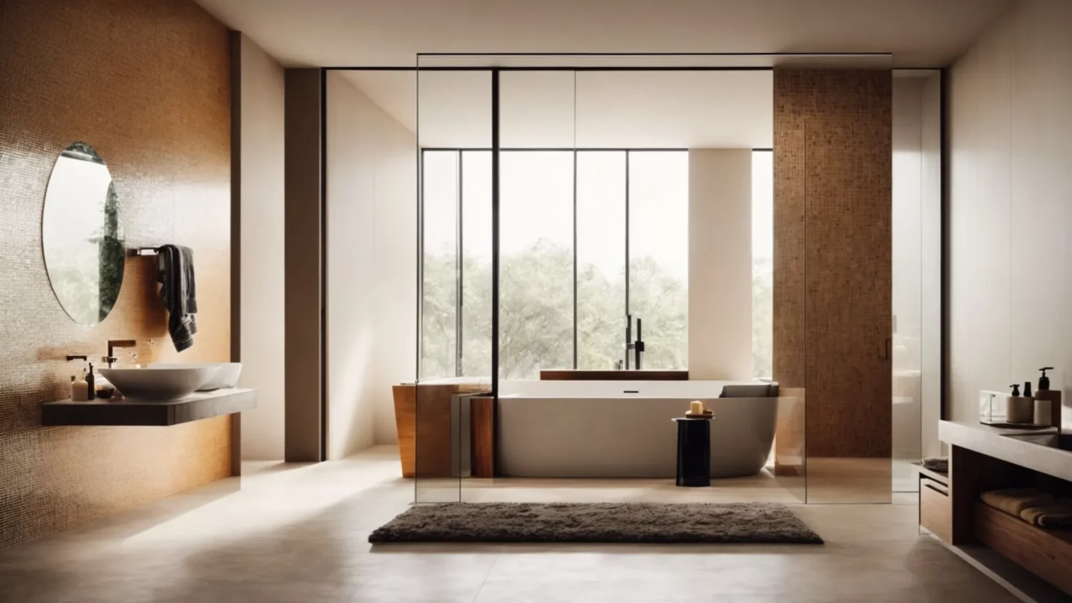 a modern bathroom featuring a large freestanding bathtub with a spacious walk-in shower in the background.