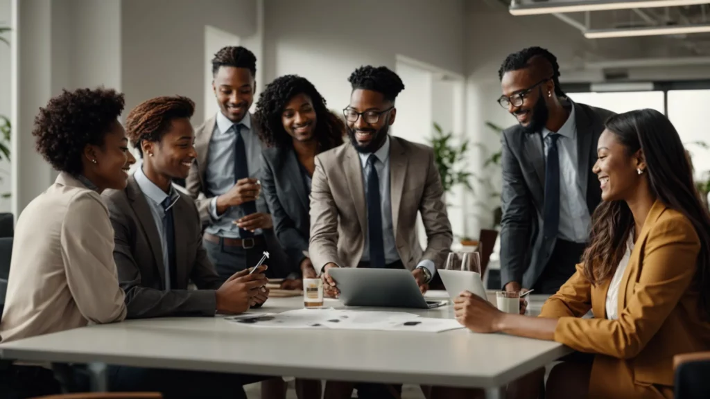 a diverse group of employees gather around a table in a bright office, sharing ideas and smiling.