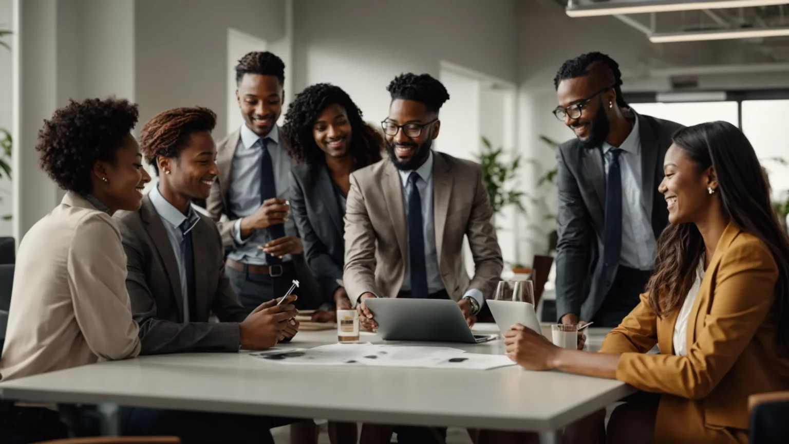 a diverse group of employees gather around a table in a bright office, sharing ideas and smiling.