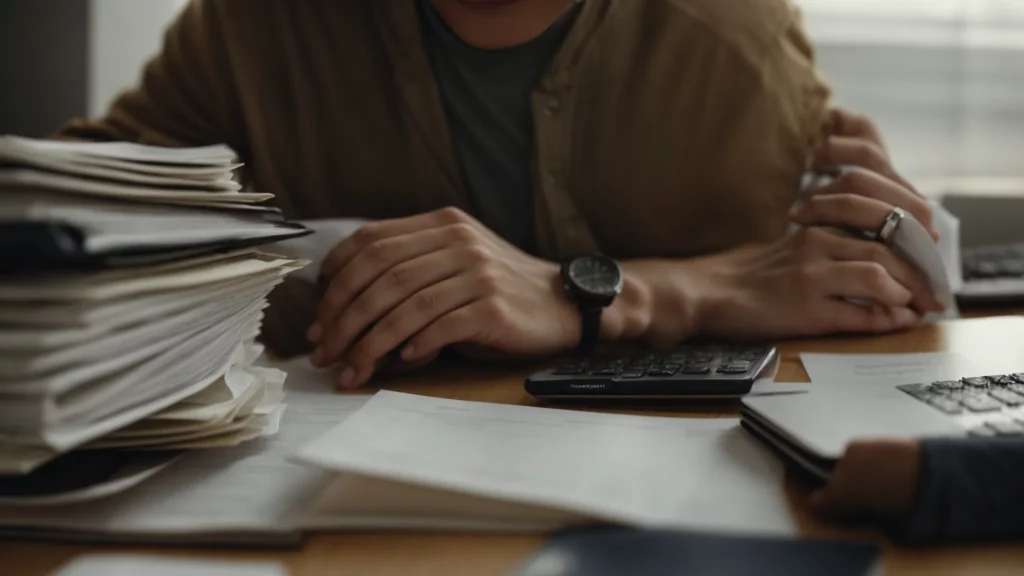 a young person sits at a desk, intensely focused on a laptop with a stack of paperwork and a calculator nearby.