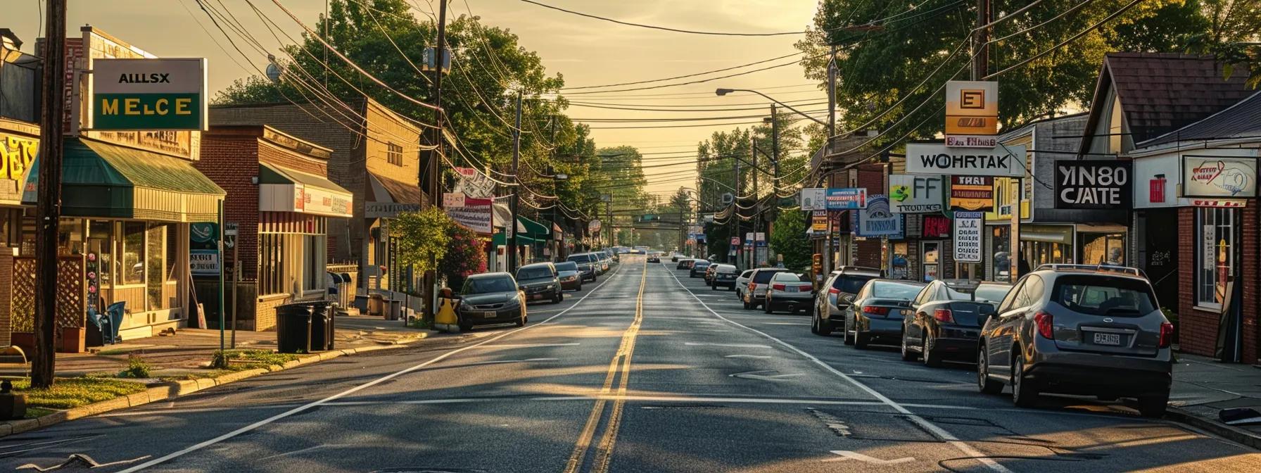 a bustling suburban street in union, nj, showcasing various local hvac contractors' storefronts adorned with vibrant signage, inviting customers to explore their services under the warm afternoon sunlight.