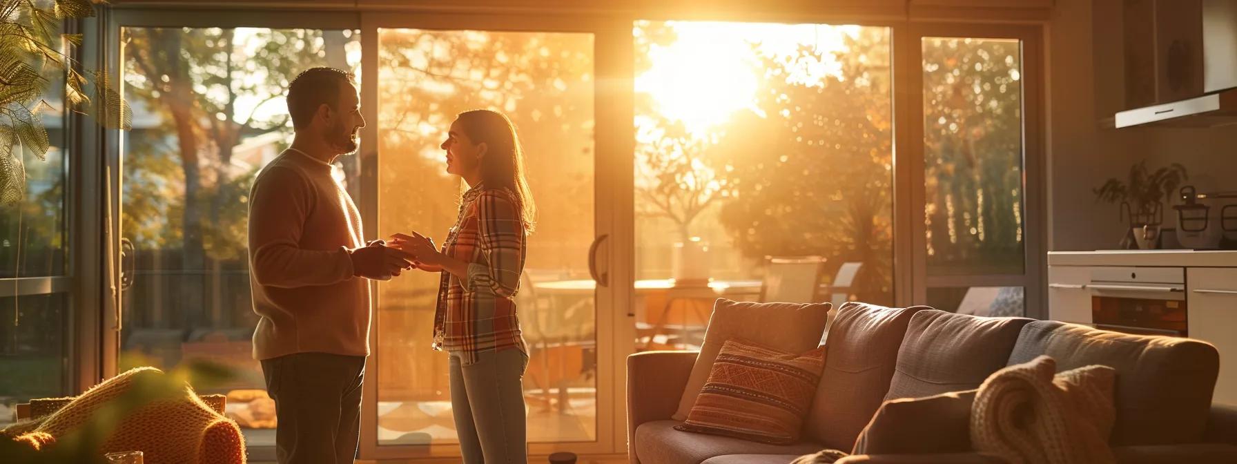 a confident homeowner stands in their comfortably cooled living room, engaging in a thoughtful conversation with a professional hvac contractor, surrounded by warm daylight filtering through large windows, highlighting their commitment to trust and clear communication.