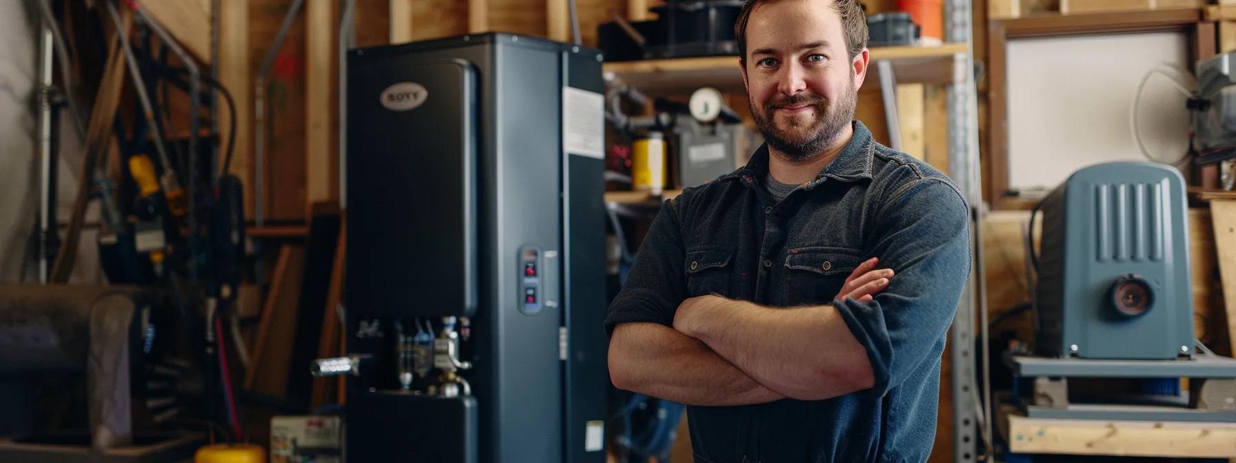 a confident hvac contractor stands next to a modern heating unit in a well-lit, organized workshop, showcasing their professional certifications and tools, embodying reliability and expertise in indoor climate solutions.