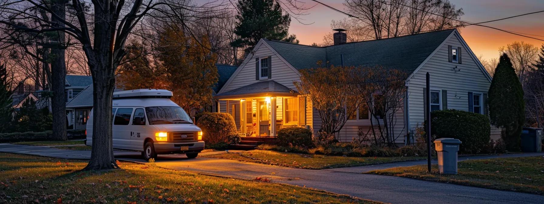 a cozy suburban home in union, new jersey, is illuminated by the warm glow of sunset, showcasing a local hvac contractor's van parked outside, symbolizing community trust and expert care amidst the seasonal changes.