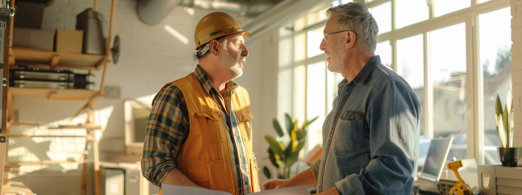 a professional hvac contractor engages warmly with a customer in a bright, modern office, illustrating attentive communication and a commitment to exceptional service.
