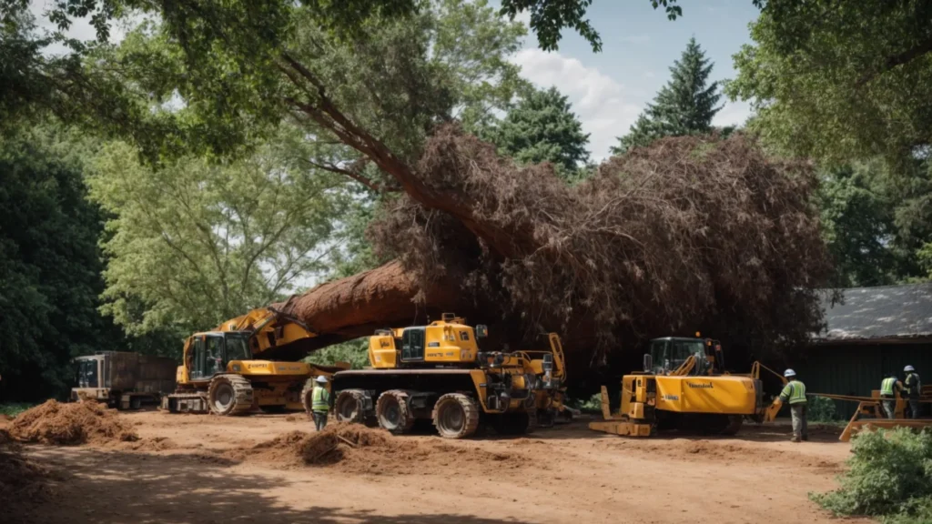 a large tree is being carefully taken down by a team of professionals using heavy machinery in a residential area.