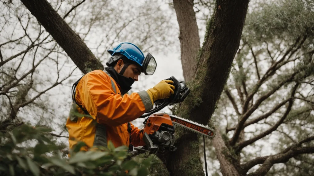 a worker in safety gear operates a chainsaw to trim branches from a large tree near a residential property.