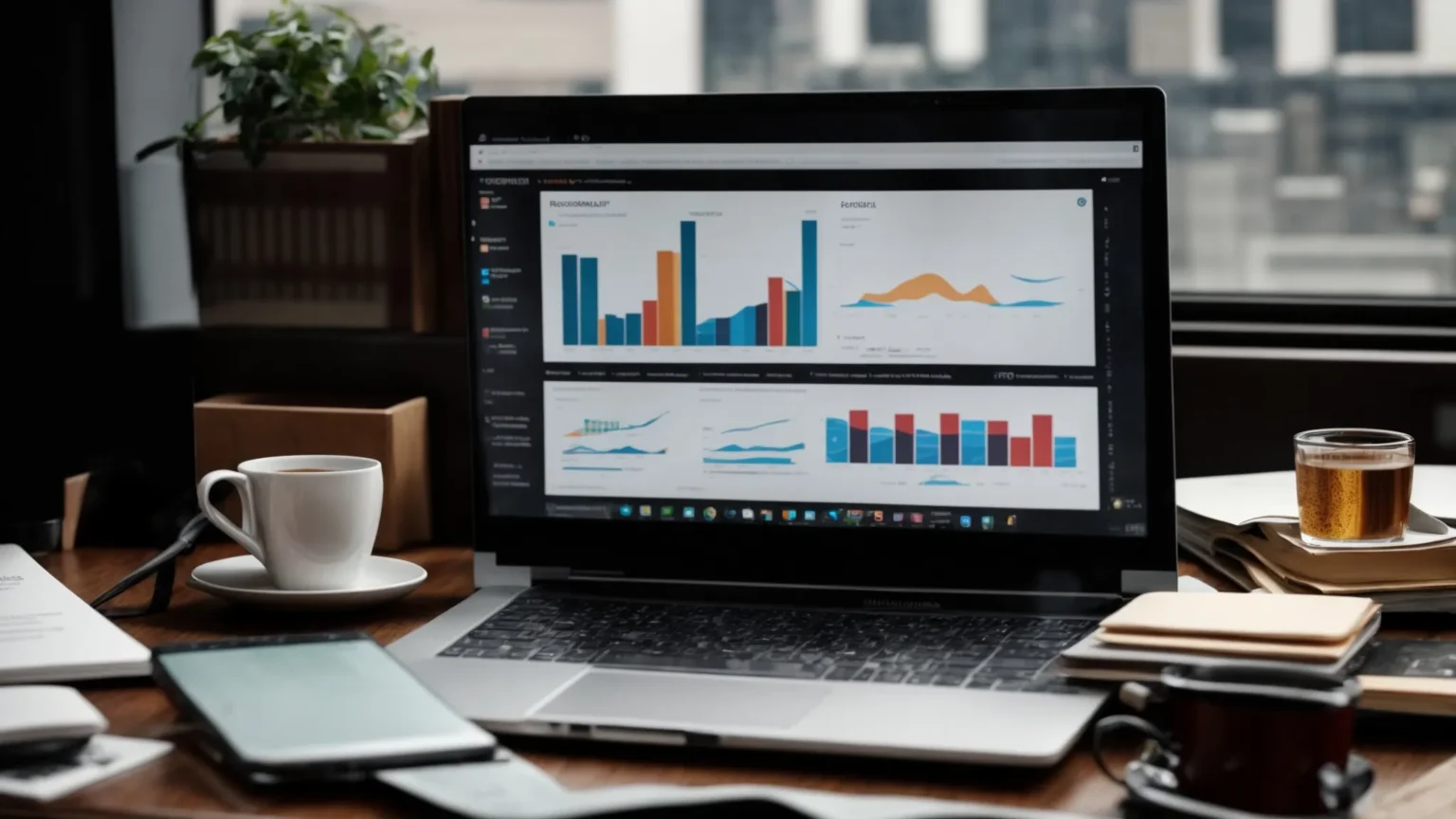 a laptop on a desk displaying graphs and analysis reports, surrounded by marketing books and a cup of coffee.