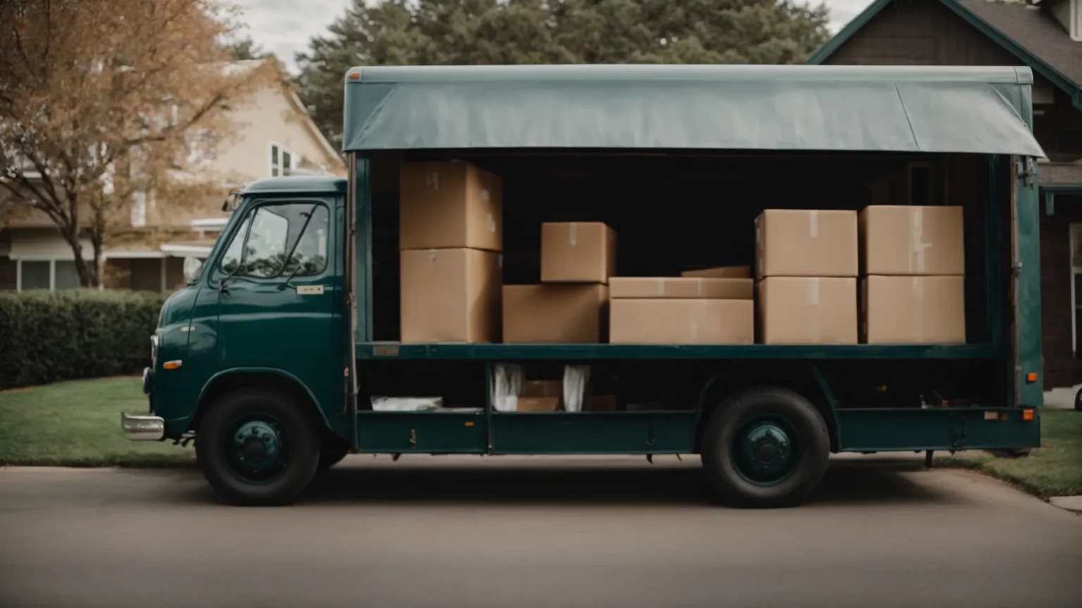 a moving truck parked in front of a house, with open doors and moving boxes visible.