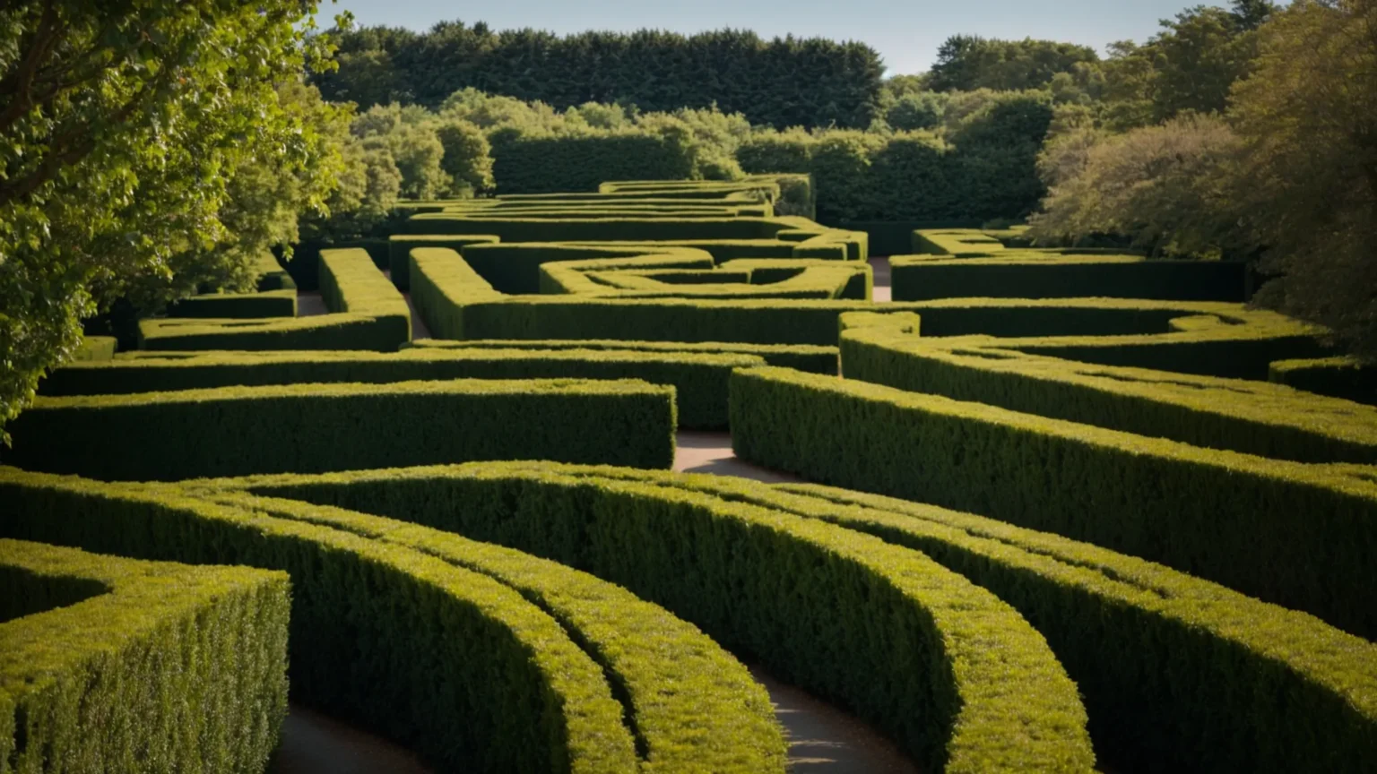 a pathway twists through a large, intricate hedge maze under a clear blue sky.