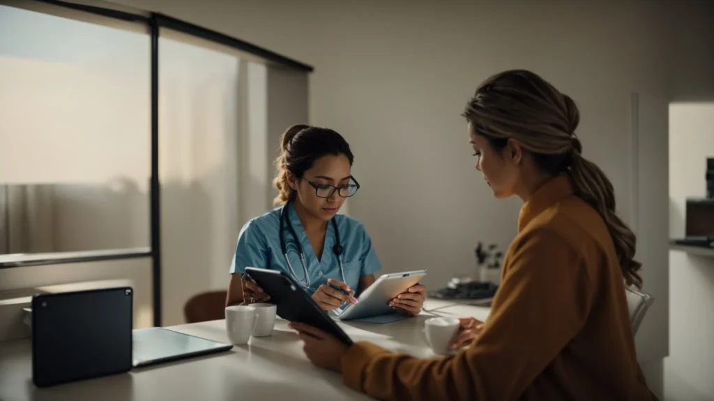 a healthcare professional uses a tablet to update patient records in a modern home setting.