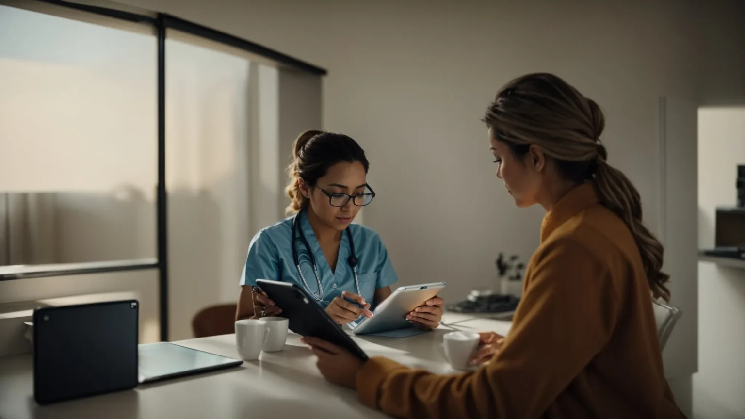 a healthcare professional uses a tablet to update patient records in a modern home setting.