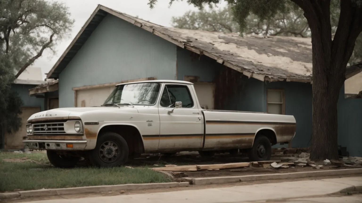 a house in san antonio showing visible signs of foundation damage with a professional repair service truck parked in the driveway.