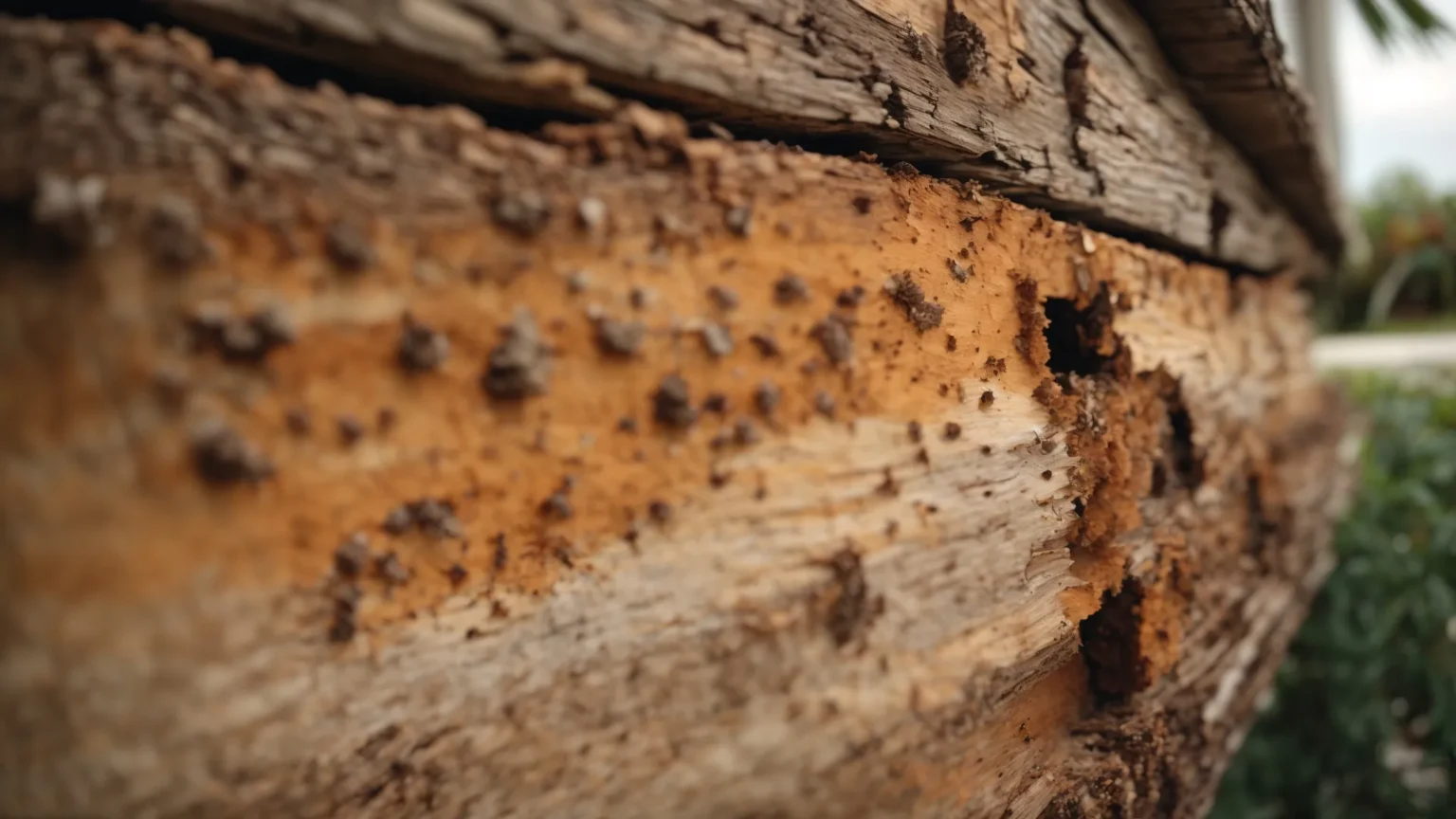 a close-up view of damaged wood with visible termite holes, against a backdrop of a south florida home.