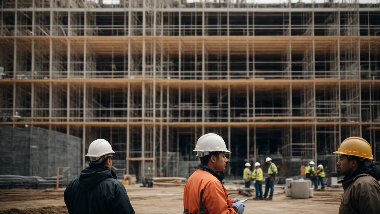 construction workers in hard hats discuss plans in front of a large, complex scaffolding structure at a building site.