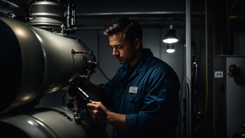 a professional technician is examining a water heater with a flashlight and tools at hand.