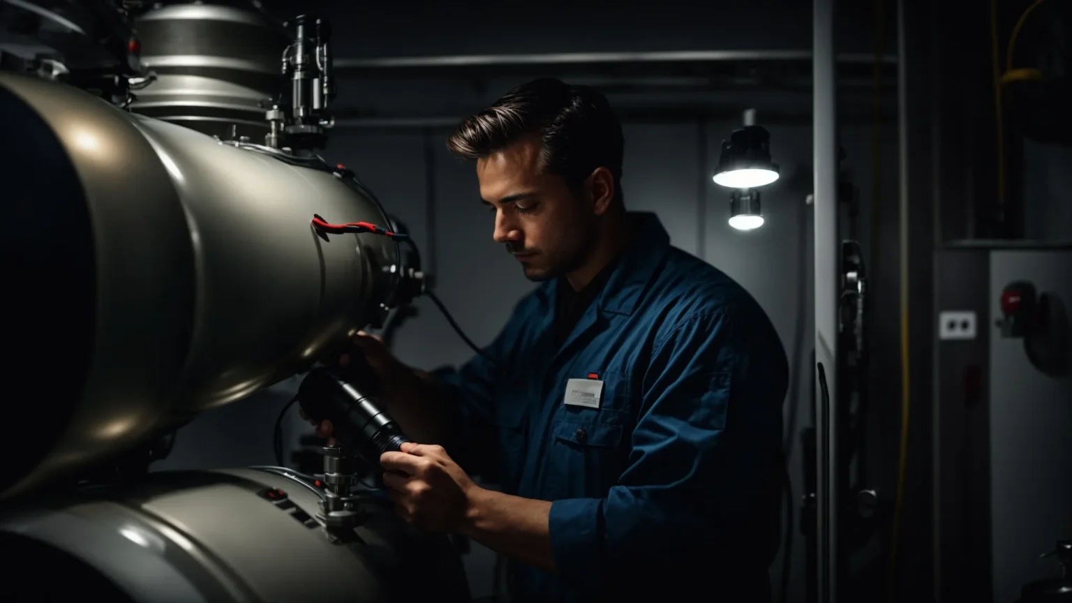 a professional technician is examining a water heater with a flashlight and tools at hand.