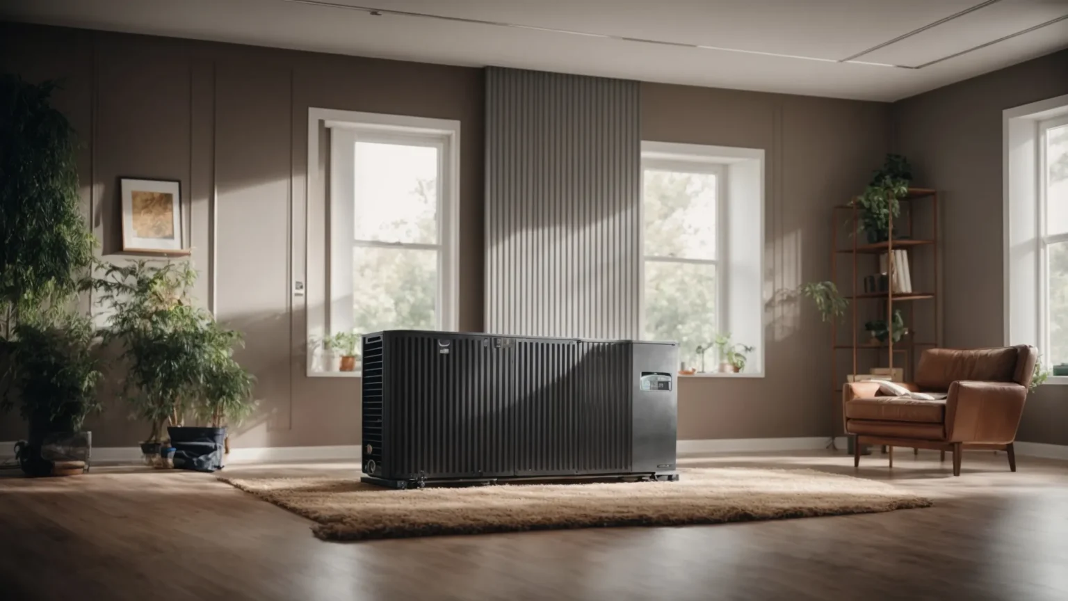 a technician is installing a heat pump in a modern living room to ensure optimal warmth and energy efficiency.