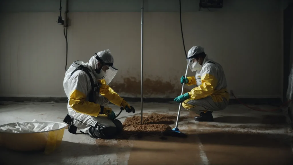 a professional team wearing protective gear meticulously cleans a mold-infested wall in a dimly lit room.