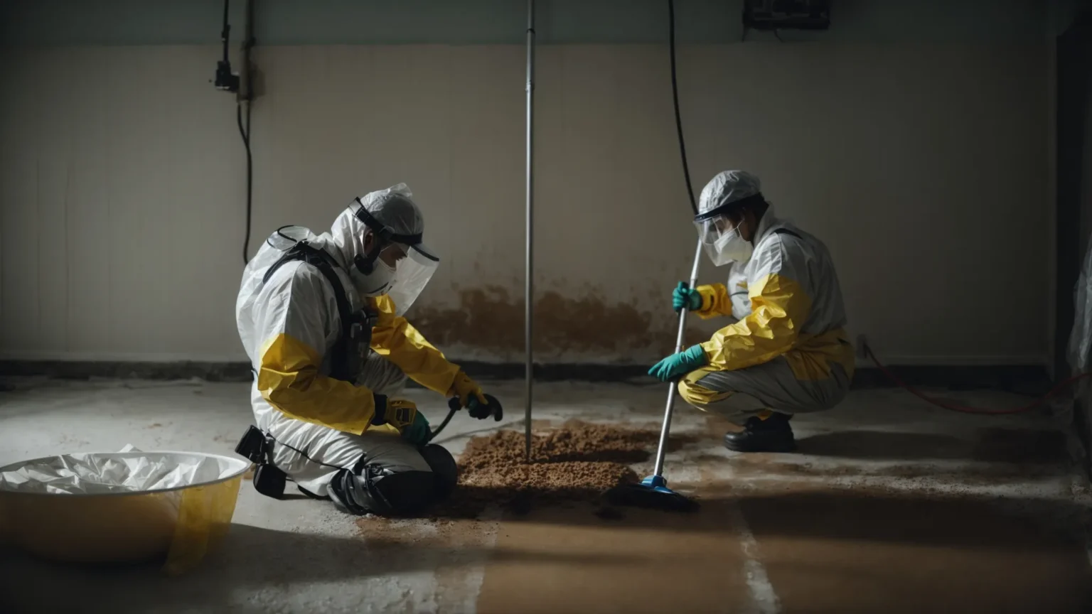 a professional team wearing protective gear meticulously cleans a mold-infested wall in a dimly lit room.