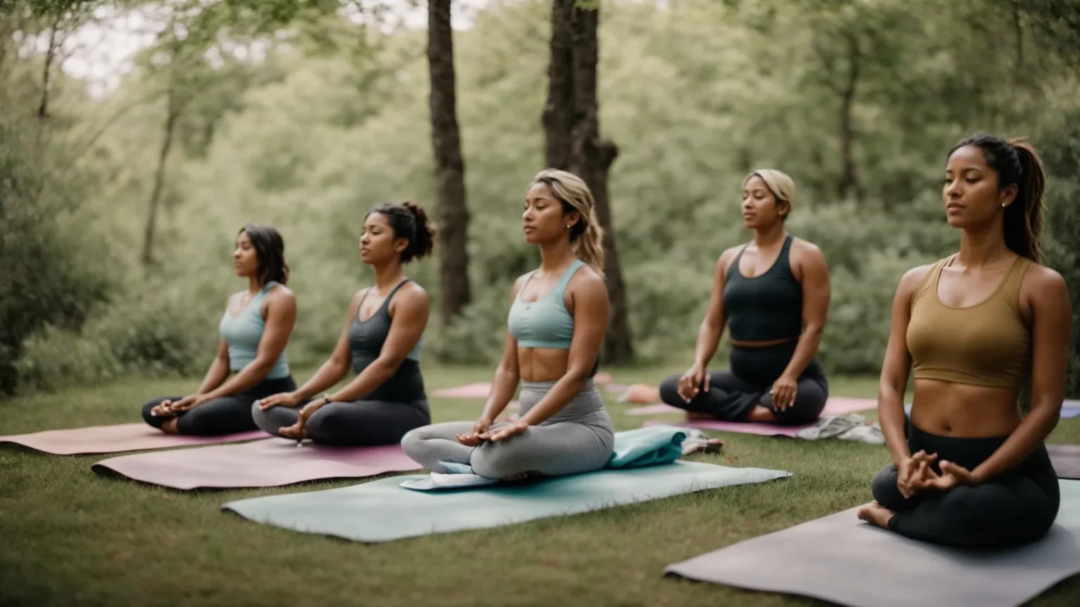a group of women of various ages participate in a yoga class outdoors, surrounded by nature.