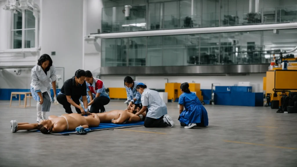 a group of people practicing cpr techniques on mannequins.