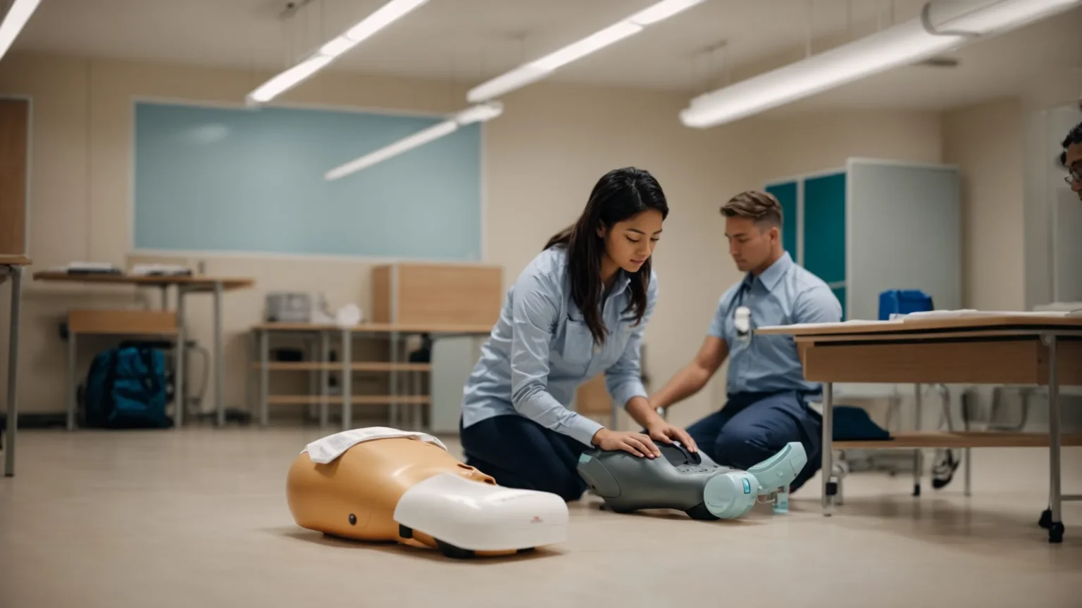 a person performs cpr on a training dummy under the watchful eyes of an instructor in a well-lit classroom.