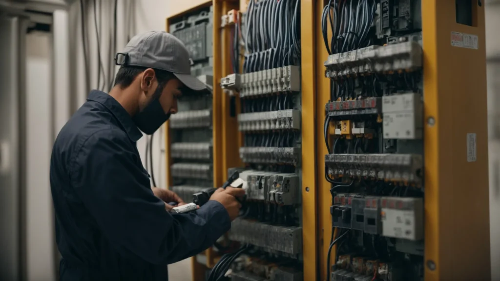a professional electrician is securely adjusting a circuit breaker in a residential electrical panel.