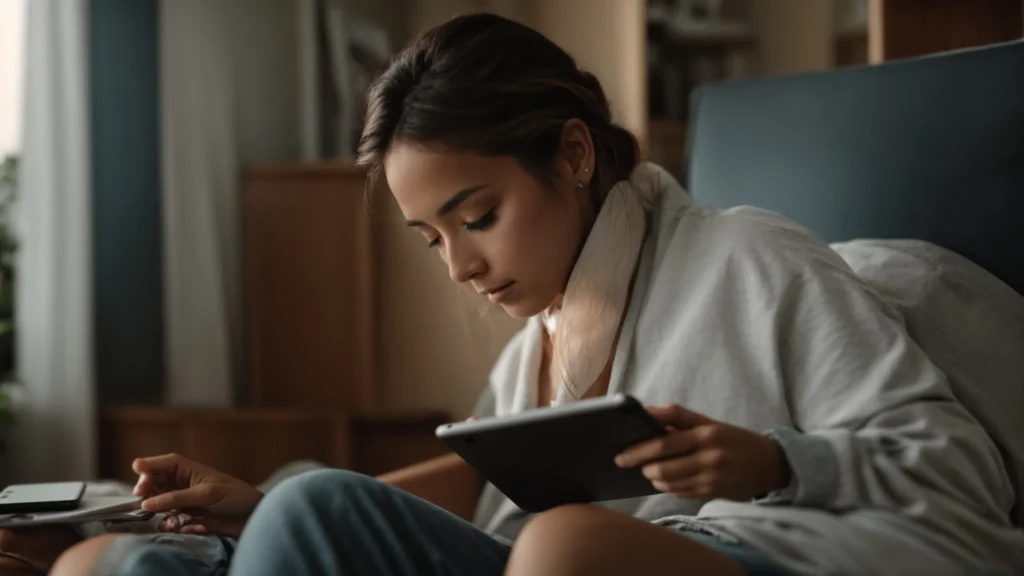 a person checks their health results on a tablet while sitting comfortably at home.
