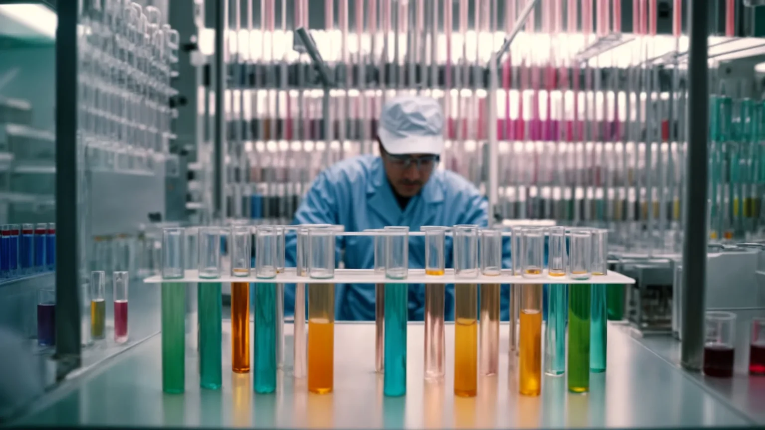 a scientist carefully pipettes a colorful liquid into a test tube rack in a well-equipped laboratory.
