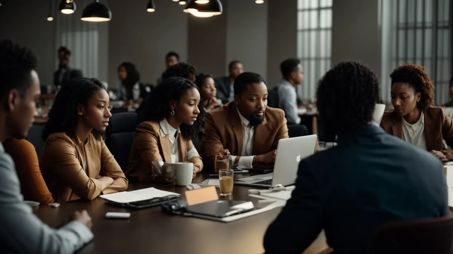 a diverse group of professionals gathers around a conference table, sharing ideas with glowing digital devices in front of them.