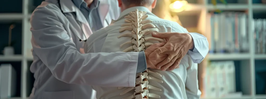 a professional chiropractor in a white coat adjusting a patient's spine.