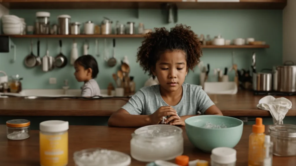 a frustrated parent and child sit at a kitchen table, surrounded by various diy lice treatment products.