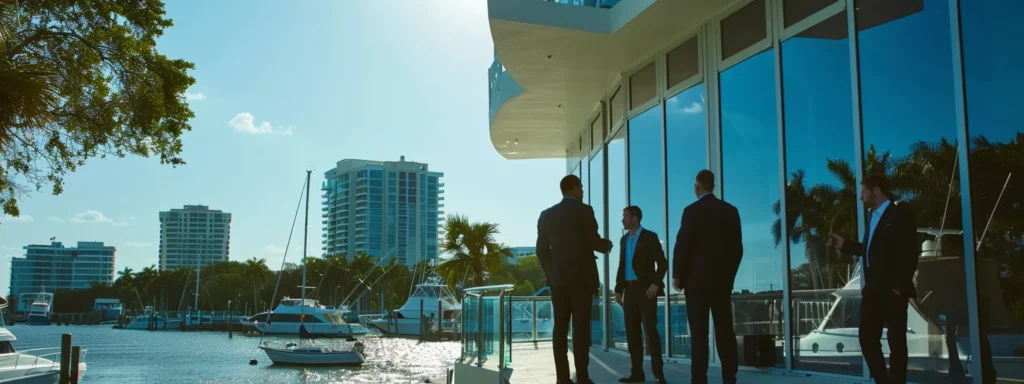 a group of businessmen examining charts and graphs while standing next to an anchor symbolizing stability and security in sarasota's real estate market for investment opportunities.