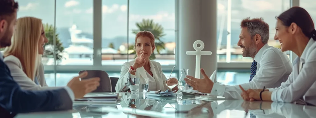 business professionals gathered around a table, pointing to a large anchor symbol while discussing the benefits of choosing the right dentist for dental care.