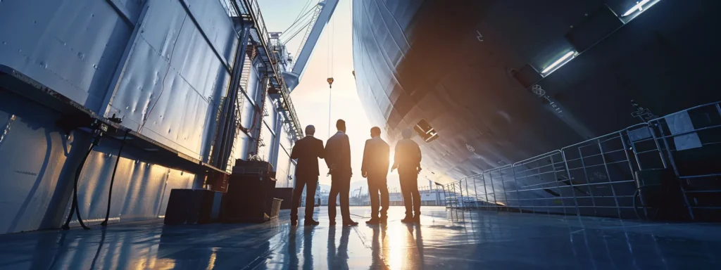 business professionals gathered around a large anchor discussing workplace safety initiatives.