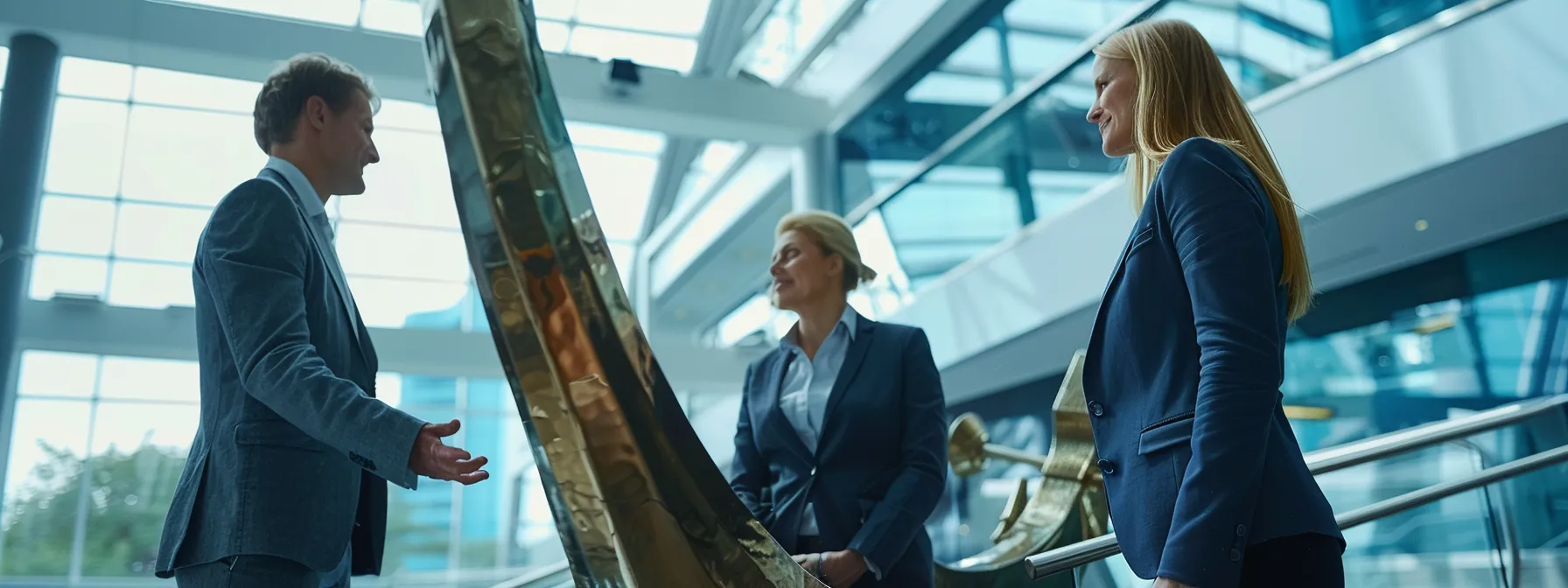 business professionals engaging in a lively discussion around a large anchor, symbolizing the benefits and reliability of shopping at crystal dtf.