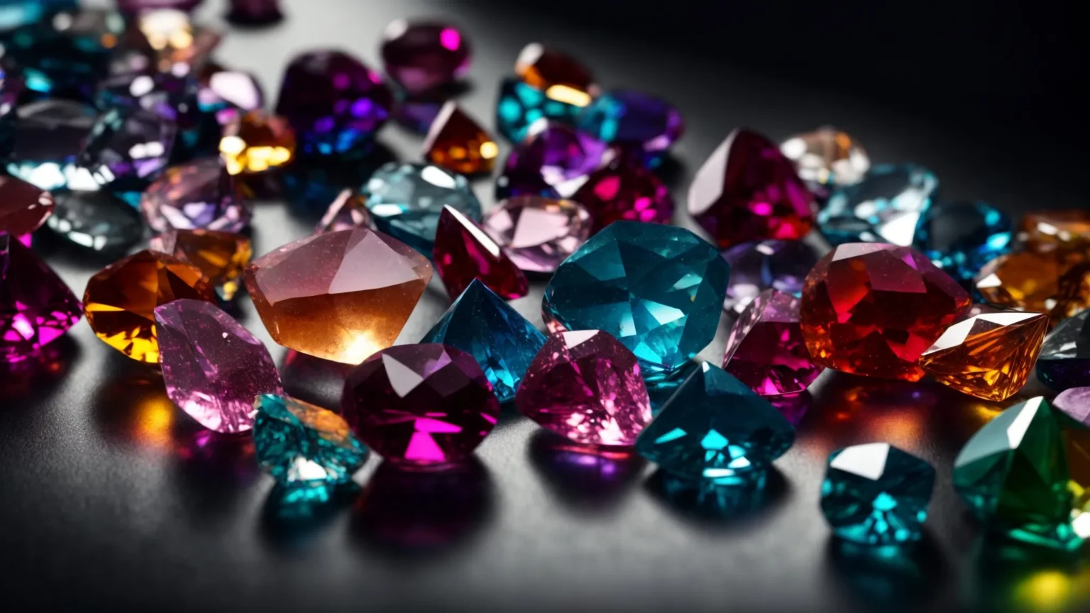 a vibrant array of colorful crystals displayed elegantly on a reflective surface.