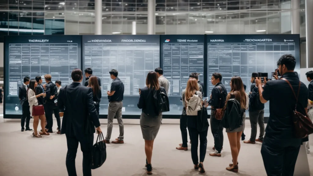 a group of people interacting with touch screens displaying event schedules at a technology conference.